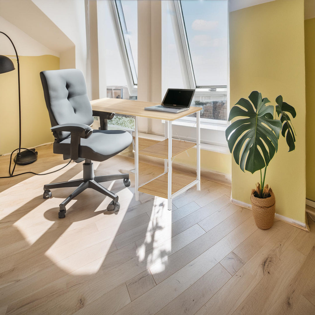 Maclean MC-411 W Loft Folding Desk 150kg White Light Beech Top 107x45x75cm Desktop Student Dorm Studio Apartment