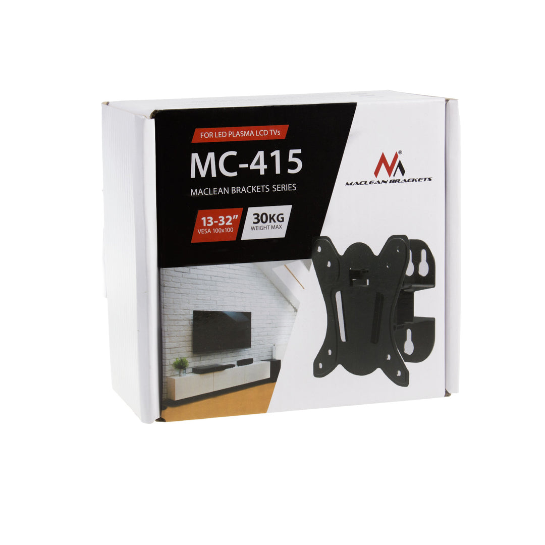 Maclean MC-415 TV Monitor Wall Mount 13"-32" 30kg Tilt Rotate max. VESA 100x100 30kg Black Slim Universal Powder Coated