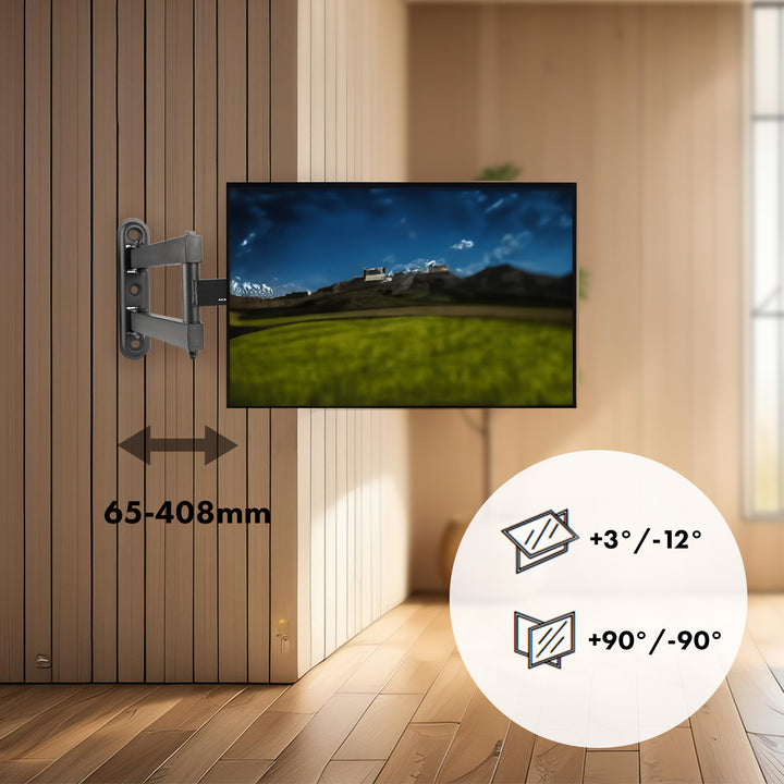 Maclean MC-418 TV Monitor Full Motion Wall Mount 23"-43" 30kg max VESA 200x200 Black Tilting Rotating Adjustable Wall Distance Holder Bracket Sturdy Powder Coating