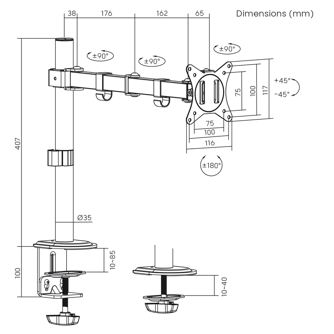 Maclean MC-753N LCD Monitor Desk Mount 17-32" 9kg VESA 75x75 100x100 Single Arm Extendable Adjustable