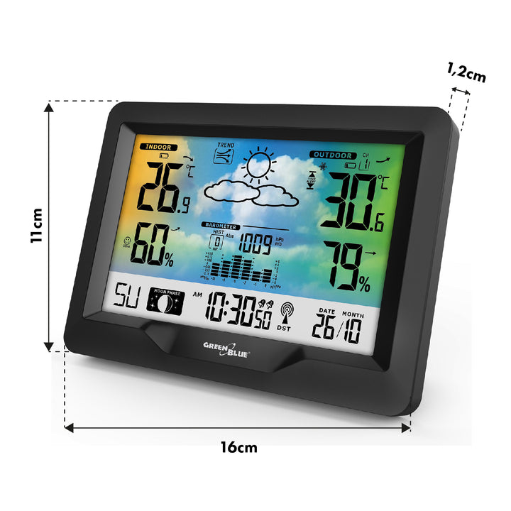 GreenBlue wireless weather station, color, with DCF system, moon phases, barometer, calendar, power adapter, GB540N