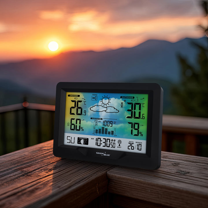 GreenBlue wireless weather station, color, with DCF system, moon phases, barometer, calendar, power adapter, GB540N