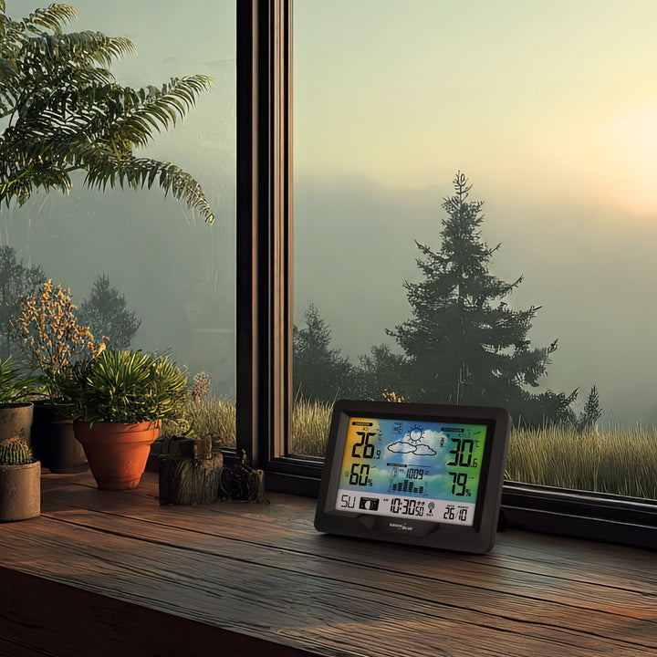 GreenBlue wireless weather station, color, with DCF system, moon phases, barometer, calendar, power adapter, GB540N