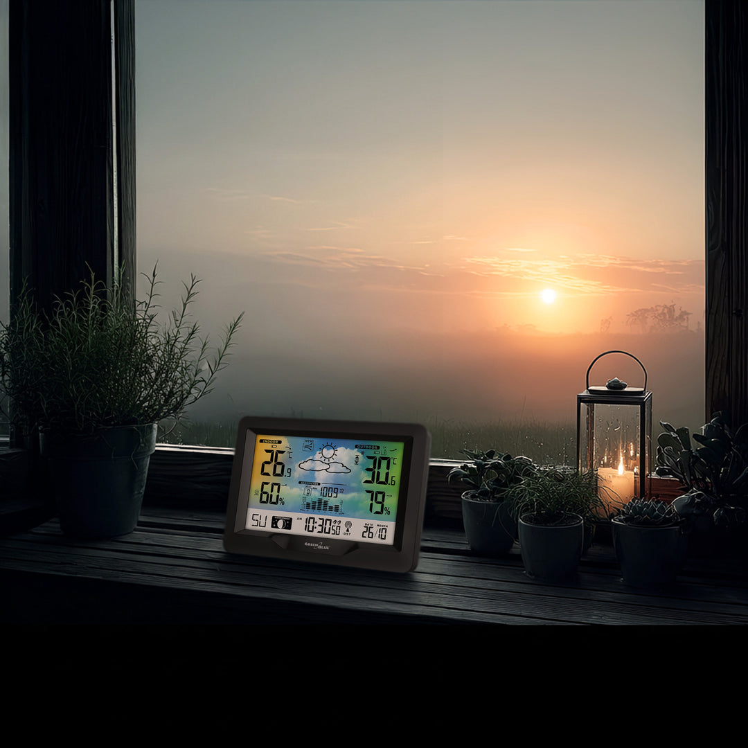 GreenBlue wireless weather station, color, with DCF system, moon phases, barometer, calendar, power adapter, GB540N