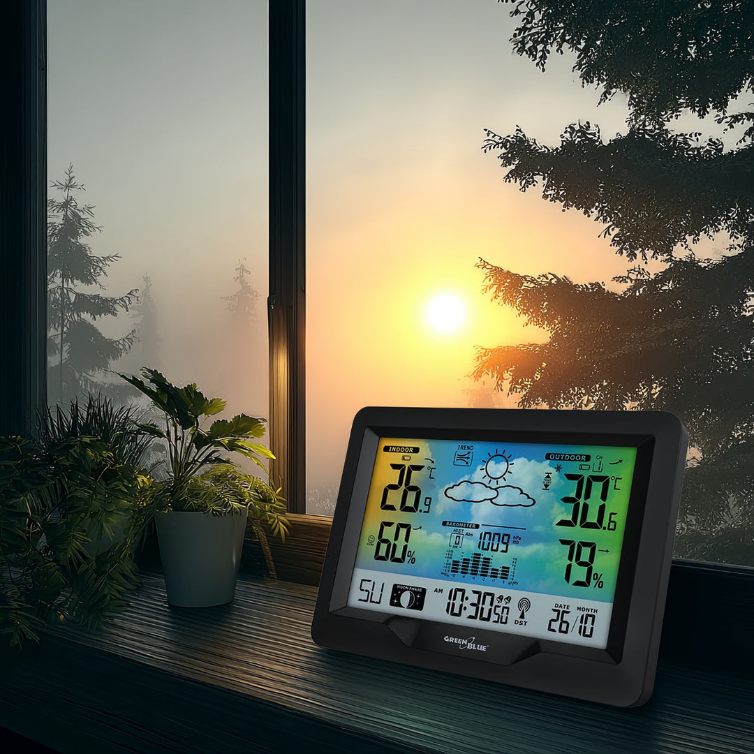 GreenBlue wireless weather station, color, with DCF system, moon phases, barometer, calendar, power adapter, GB540N