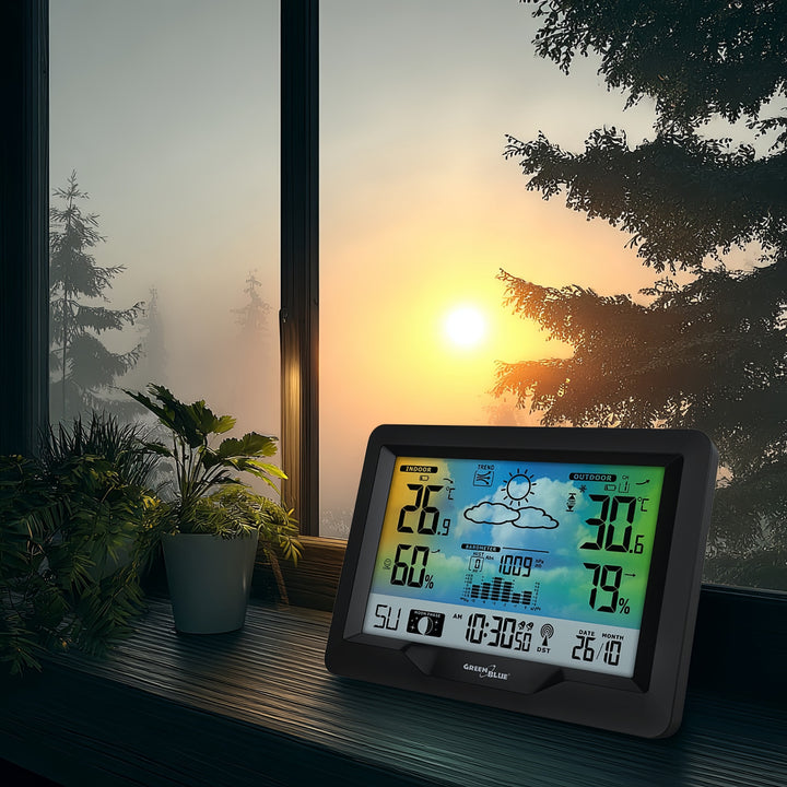 GreenBlue wireless weather station, color, with DCF system, moon phases, barometer, calendar, power adapter, GB540N