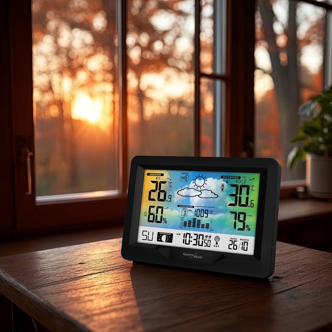 GreenBlue wireless weather station, color, with DCF system, moon phases, barometer, calendar, power adapter, GB540N