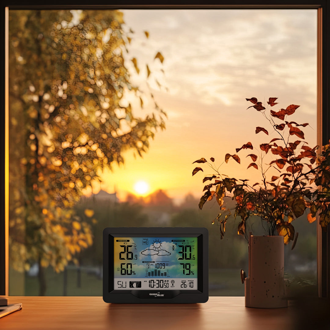 GreenBlue wireless weather station, color, with DCF system, moon phases, barometer, calendar, power adapter, GB540N