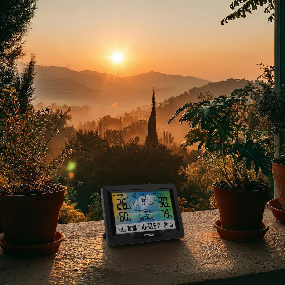 GreenBlue wireless weather station, color, with DCF system, moon phases, barometer, calendar, power adapter, GB540N