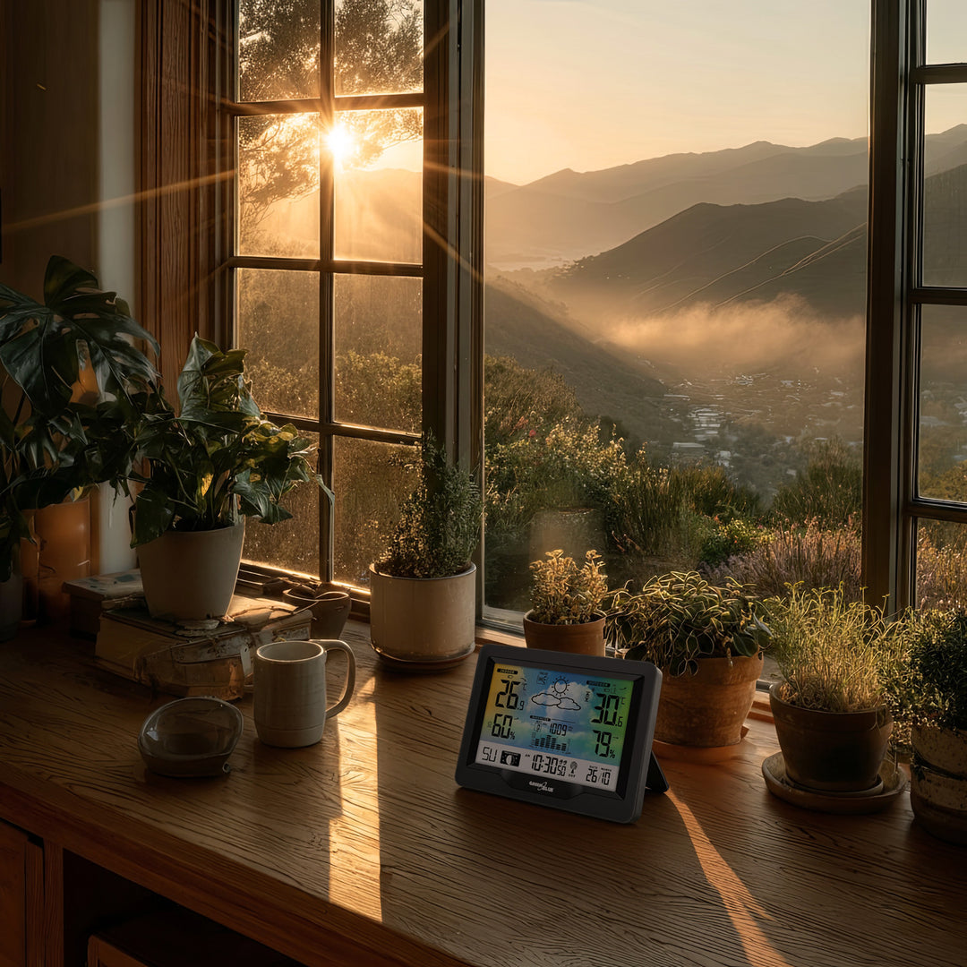 GreenBlue wireless weather station, color, with DCF system, moon phases, barometer, calendar, power adapter, GB540N