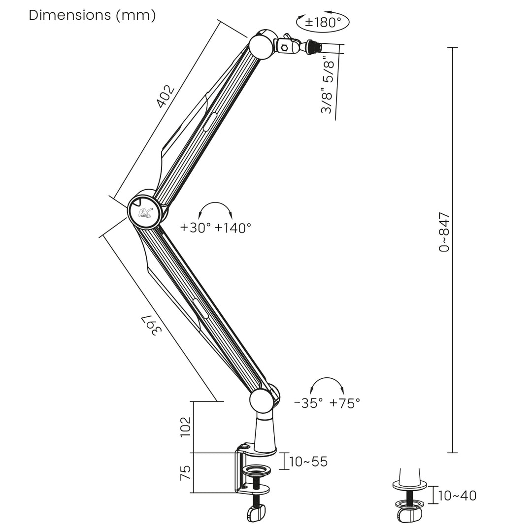 Microphone holder 3/8" and 5/8" NanoRS, 1kg max, RS422