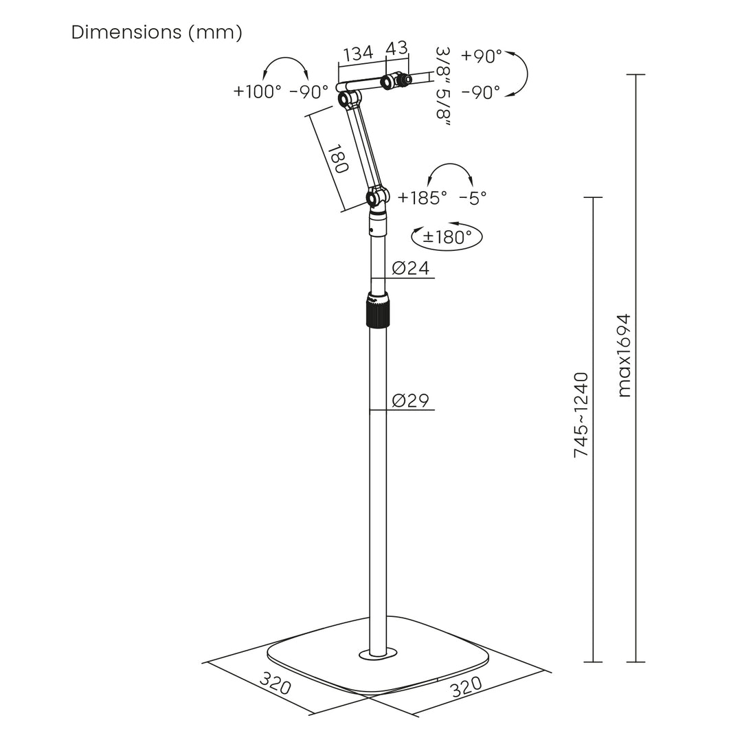 Maclean metal microphone stand, height adjustable 626-1694 mm, 1kg max, MC-337