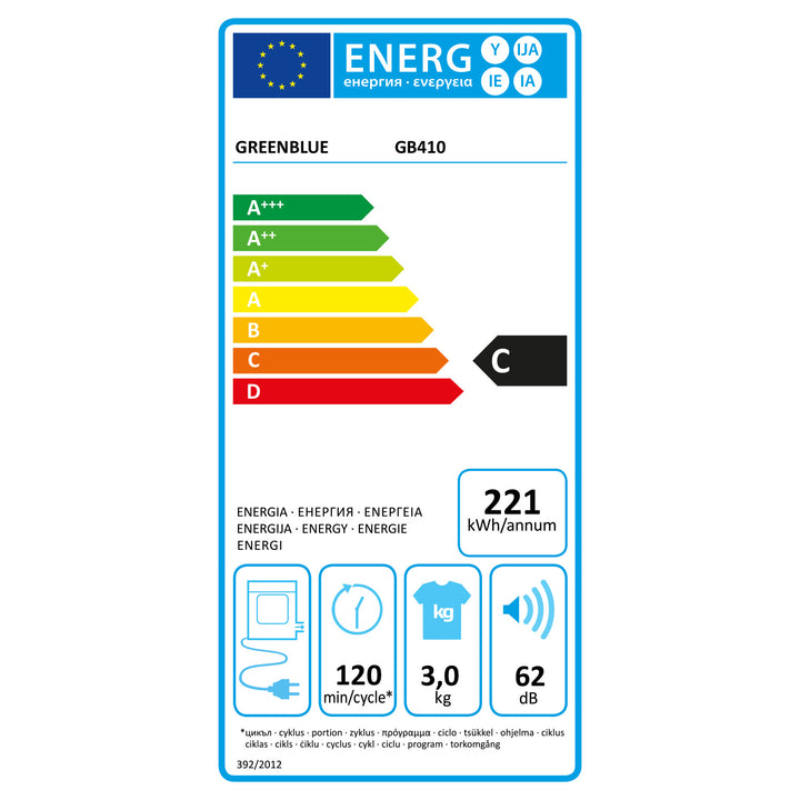 GreenBlue GB410 Electric Tumble Dryer 3kg 830W Vented 5 Drying Programs Compact Table Top Contertop Wall Moountable Portable with Accessories