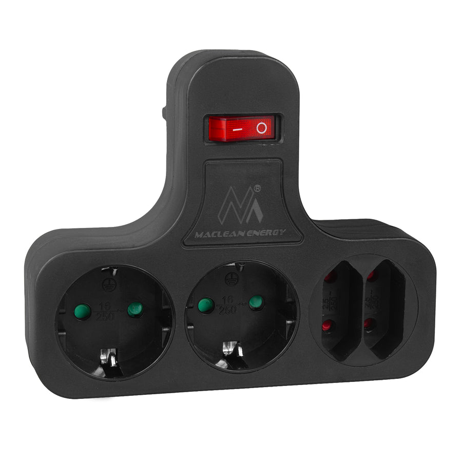 Maclean Quadruple Socket with Switch and Stabilizing Foot, Schuko Type, 2x2.5A & 2x16A, Model MCE224 G/B