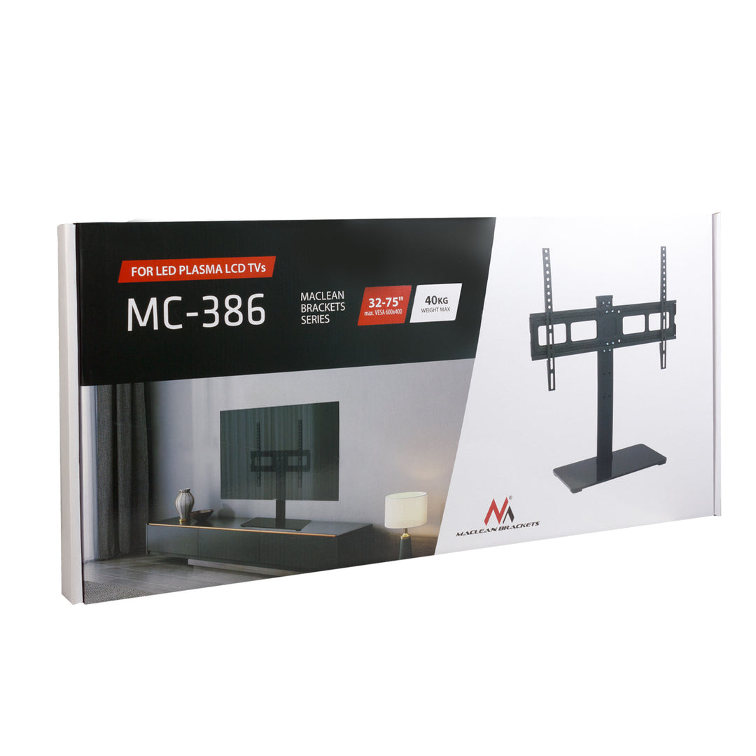 Maclean MC-386 Universal TV Stand Base for Cabinet Dresser Table Desk 32" - 75" 40kg VESA 35° Rotating Temepred Glass Adjustable TV Height Powder Coating