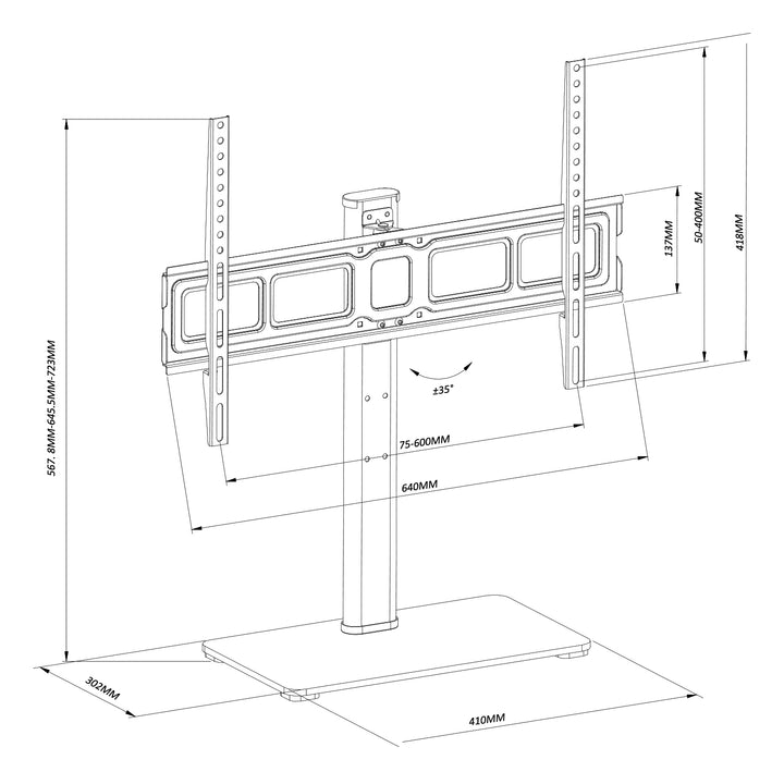 Maclean MC-386 Universal TV Stand Base for Cabinet Dresser Table Desk 32" - 75" 40kg VESA 35° Rotating Temepred Glass Adjustable TV Height Powder Coating