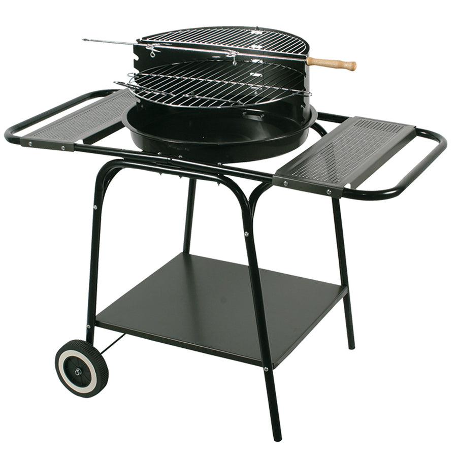 Master Grill Party MG906, Round Charcoal Grill BBQ Barbecue with 2 Shelves, Casters, Steel Barbecue