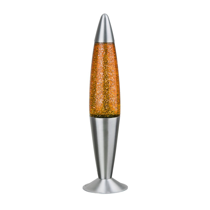 Introducing the Rabalux Glitter lava lamp: Radiating a warm orange glow, this lamp features mesmerizing glitter swirls, creating a captivating visual display. Powered by a 25W bulb, it combines retro charm with modern flair, adding a touch of enchant