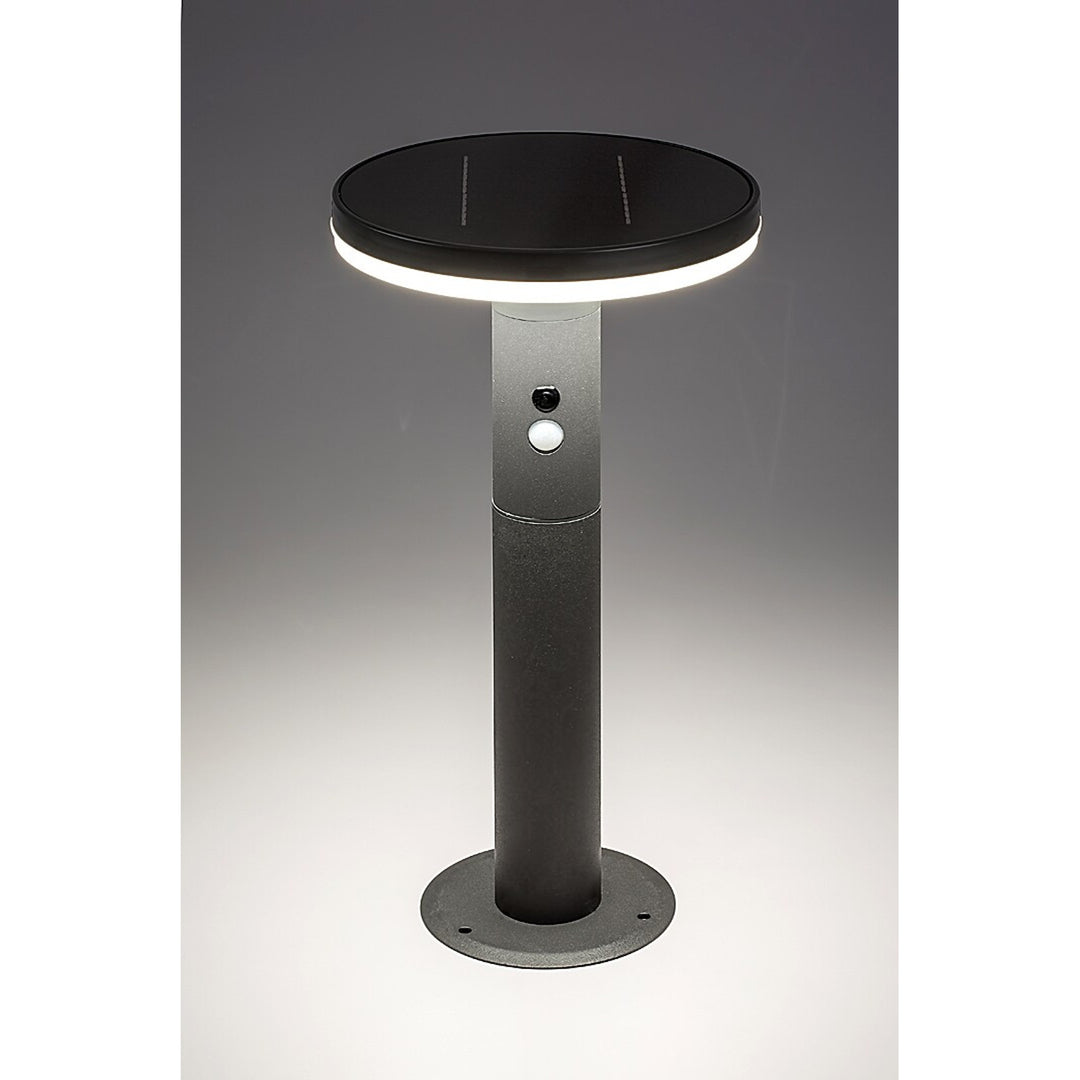 Rabalux Alaska: Solar outdoor lamp with motion sensor, IP44 rated. 10W LED, 4000K natural white light. Detects motion within 5-8m, 120° angle. Durable, battery-powered. Dimensions: Ø210mm, H165mm. Protects against water, objects.