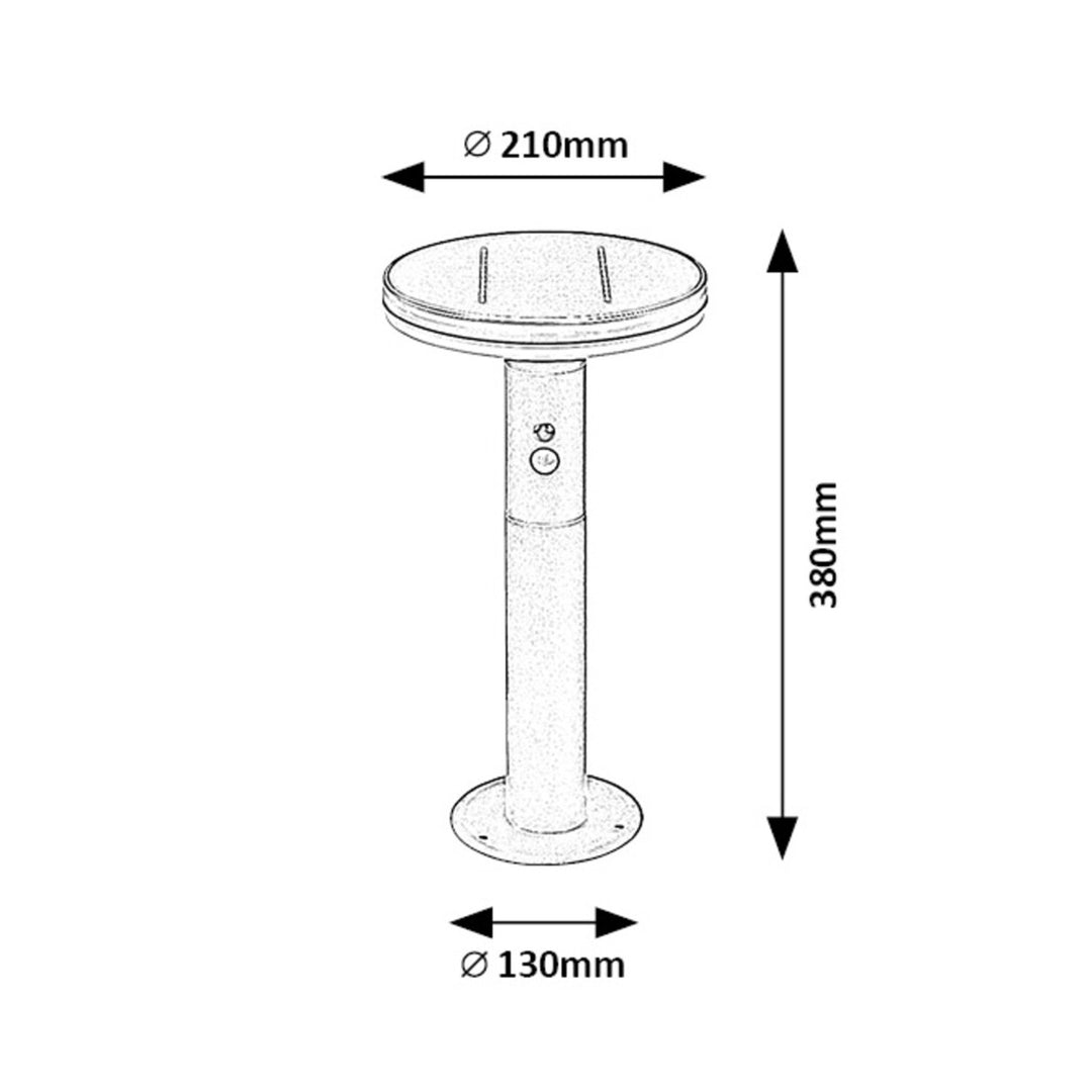 Rabalux Alaska: Solar outdoor lamp with motion sensor, IP44 rated. 10W LED, 4000K natural white light. Detects motion within 5-8m, 120° angle. Durable, battery-powered. Dimensions: Ø210mm, H165mm. Protects against water, objects.