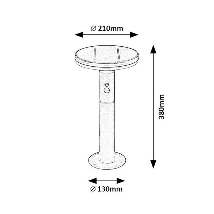 Rabalux Alaska: Solar outdoor lamp with motion sensor, IP44 rated. 10W LED, 4000K natural white light. Detects motion within 5-8m, 120° angle. Durable, battery-powered. Dimensions: Ø210mm, H165mm. Protects against water, objects.