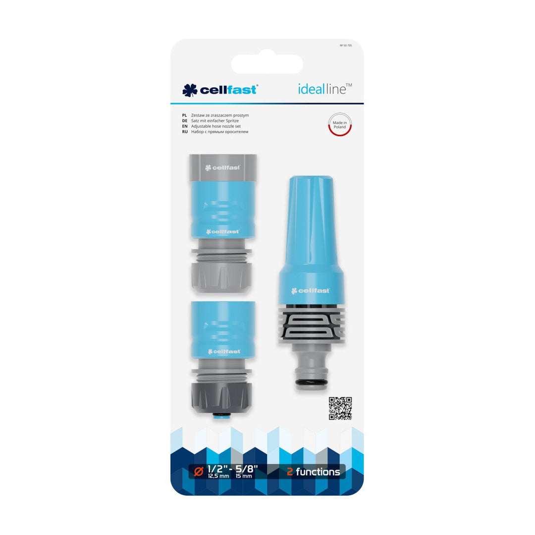 1/2" - 5/8" Adjustable Hose Nozzle Set Cellfast Ideal 50-705 Quick Connect Straight Sprinkler 2 Functions Mist Strong Jet