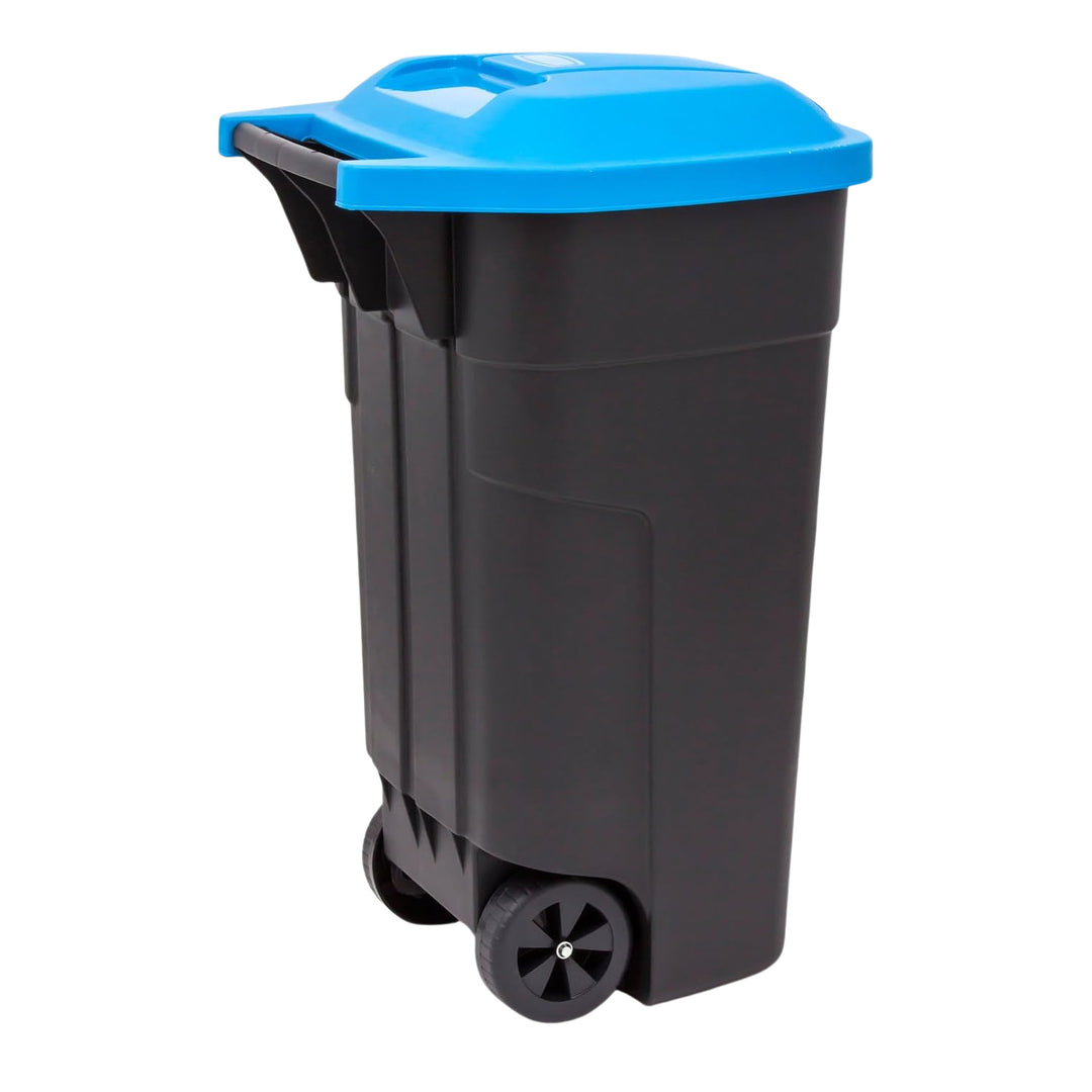 Curver 214127 110L Wheelie Bin with Blue Lid Trash Waste Garbage Can Sorting Segregation Wheels Outdoor