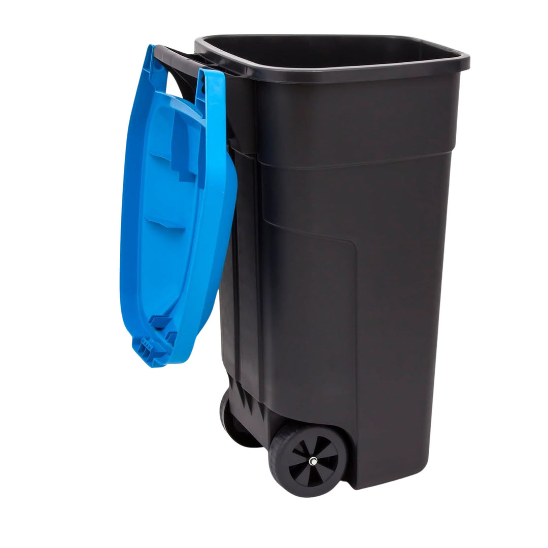 Curver 214127 110L Wheelie Bin with Blue Lid Trash Waste Garbage Can Sorting Segregation Wheels Outdoor