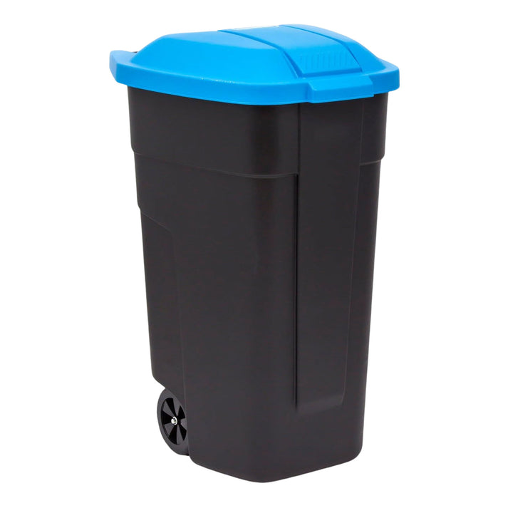 Curver 214127 110L Wheelie Bin with Blue Lid Trash Waste Garbage Can Sorting Segregation Wheels Outdoor