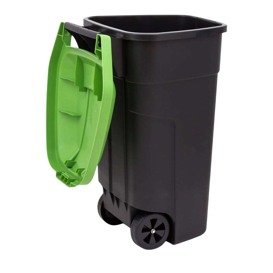 Curver 214125 110L Wheelie Bin with Green Lid Trash Waste Garbage Can Sorting Segregation Wheels Outdoor