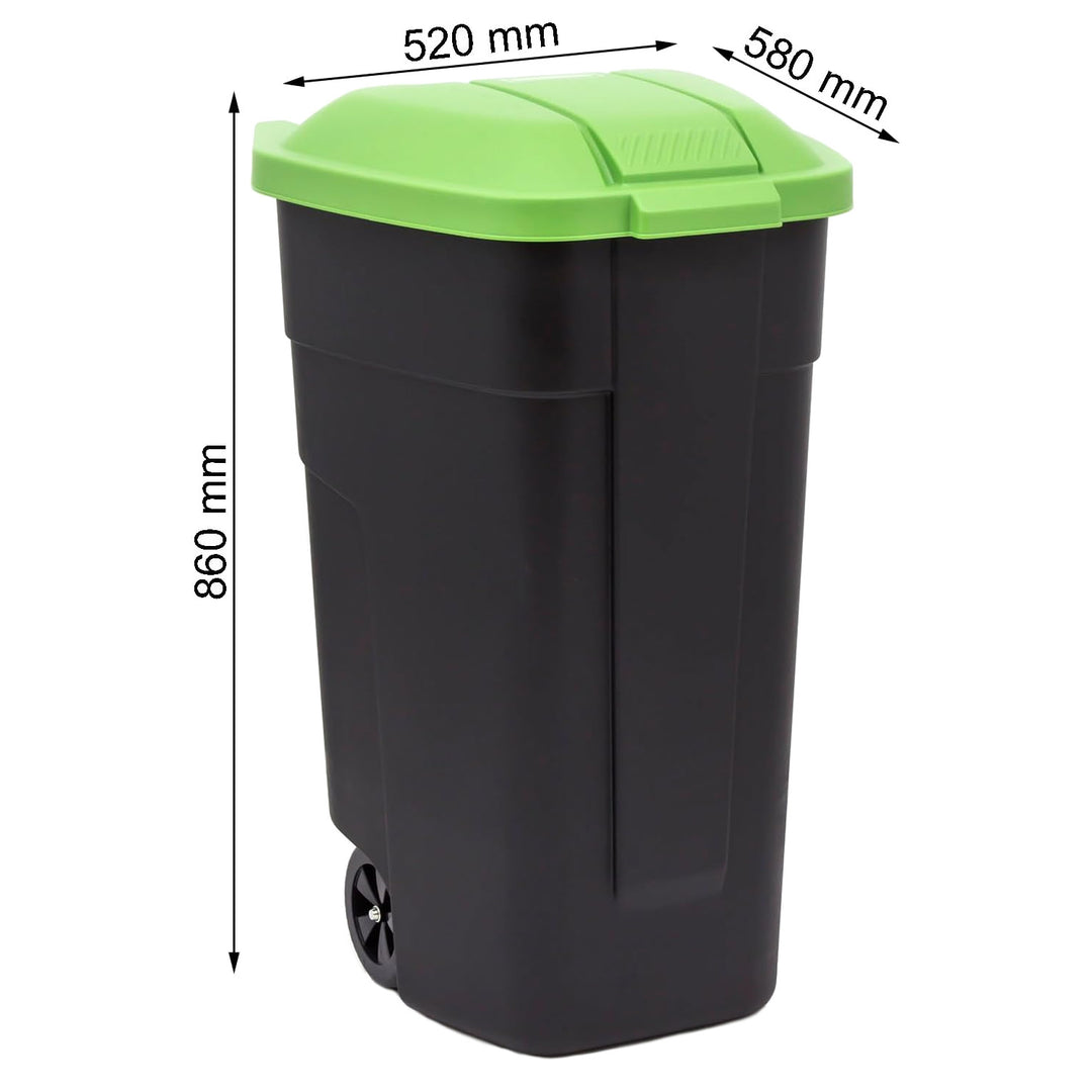 Curver 214125 110L Wheelie Bin with Green Lid Trash Waste Garbage Can Sorting Segregation Wheels Outdoor