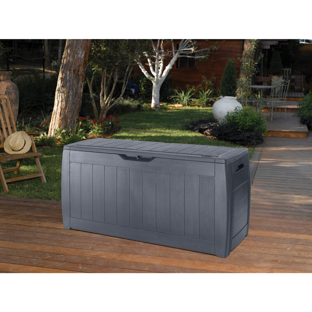 Keter 247310 270L Keter Garden Storage Deck Box Hollywood Outdoor Plastic Wood Design Sturdy Weatherproof  Graphite Grey