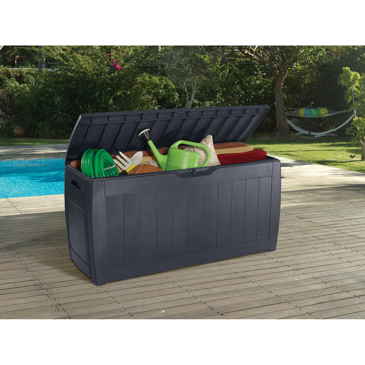 Keter 247310 270L Keter Garden Storage Deck Box Hollywood Outdoor Plastic Wood Design Sturdy Weatherproof  Graphite Grey