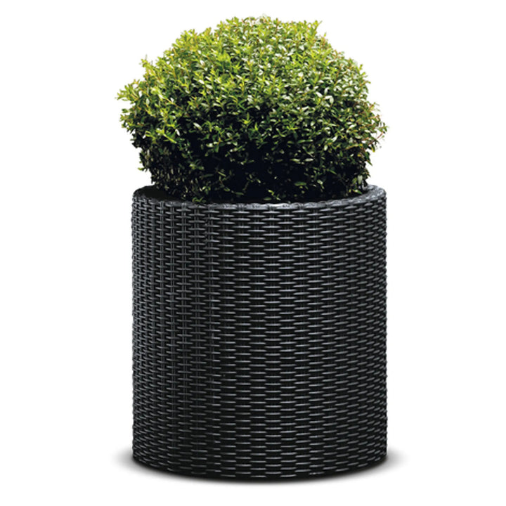 Keter Round Planter Rattan Style - Size M - 36 cm Diameter Anthracite Cylinder Flower Pot Indoor Outdoor Weatherproof