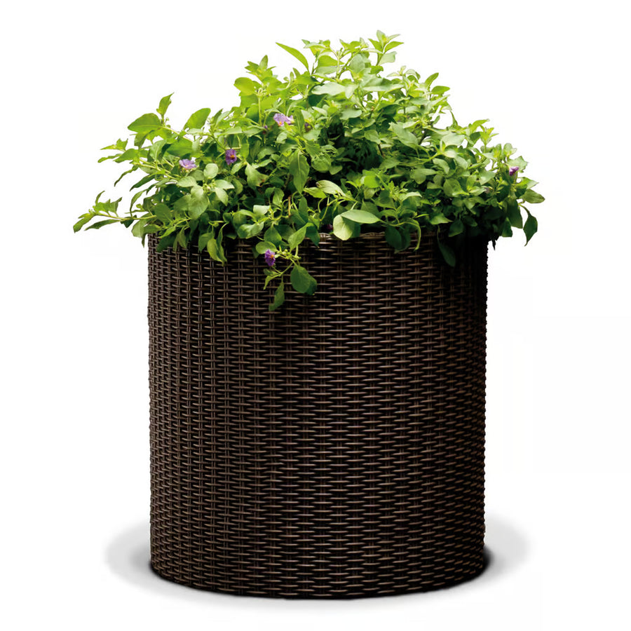 Keter Round Planter Rattan Style - Size M - 36cm Diameter Brown Cylinder Flower Pot Indoor Outdoor Weatherproof