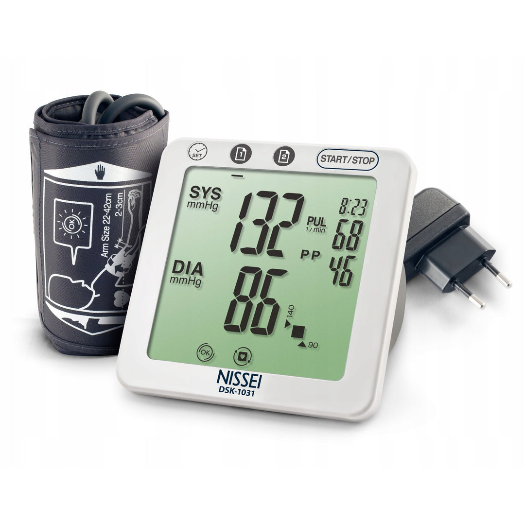 Nissei Automatic Blood Pressure Monitor, equipped with arrhythmia detection for precise readings. Introducing the DSK-1031 model for accurate health monitoring.