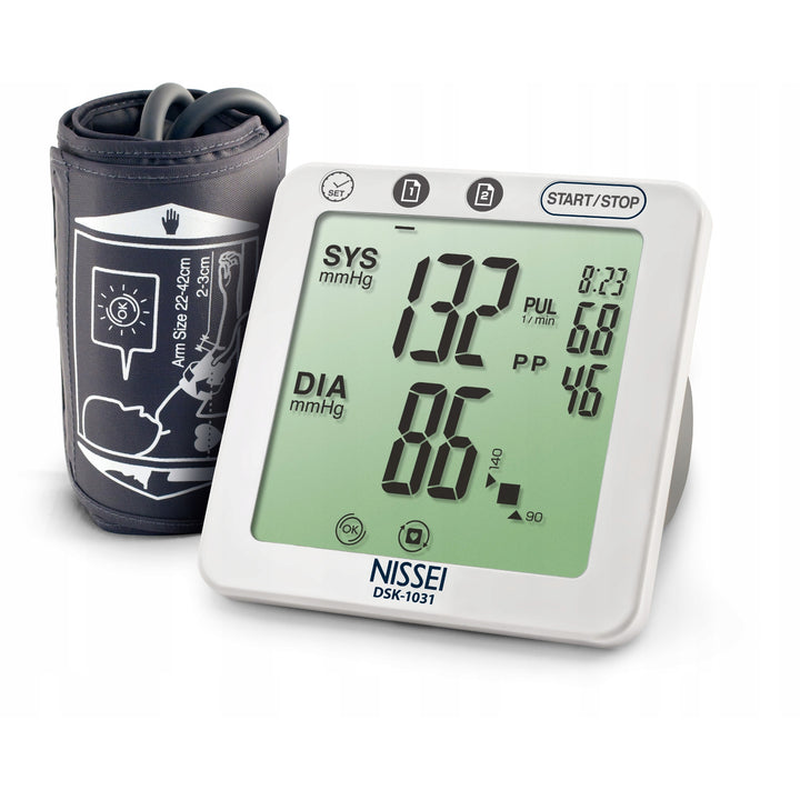 Nissei Automatic Blood Pressure Monitor, equipped with arrhythmia detection for precise readings. Introducing the DSK-1031 model for accurate health monitoring.