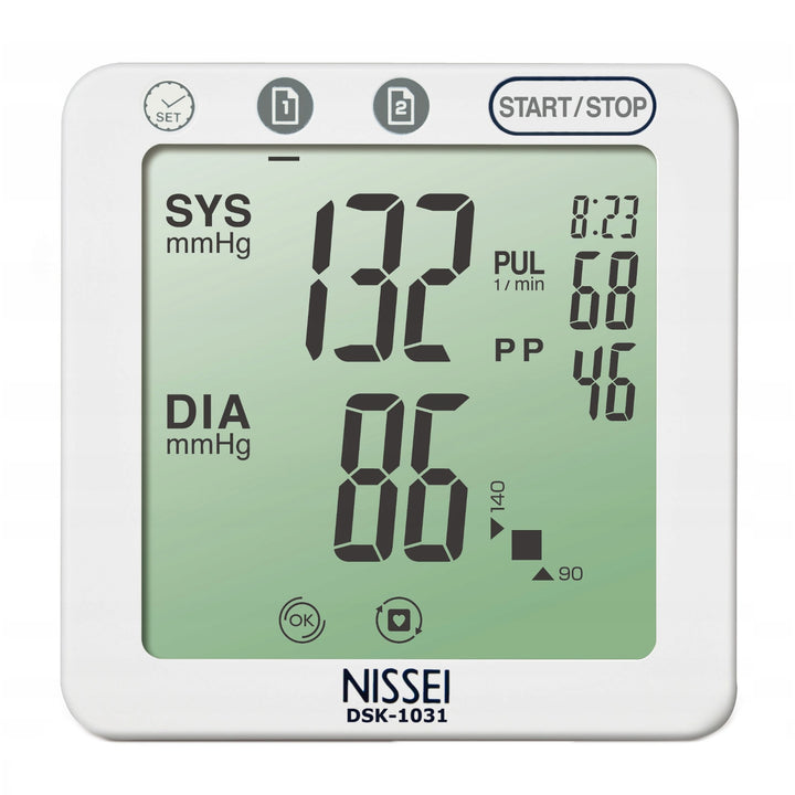 Nissei Automatic Blood Pressure Monitor, equipped with arrhythmia detection for precise readings. Introducing the DSK-1031 model for accurate health monitoring.