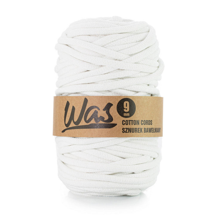 WAS: a braided cotton cord with a polyester core, 9mm thick and 50m long, in pristine white. Perfect for various applications, offering durability and versatility.