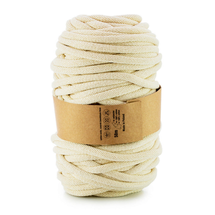 WAS offers a braided cotton cord with a polyester core, 9mm thick and 50m long, in ivory white. Perfect for a variety of uses with durability and style.