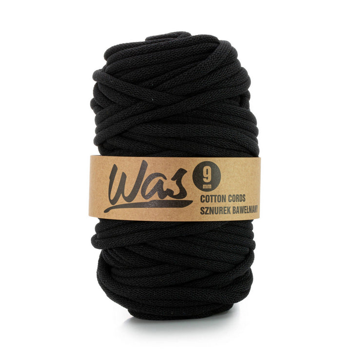 9mm braided cotton cord with a polyester core. This durable and stylish black cord spans 50m, perfect for various uses. Upgrade your projects with reliability.