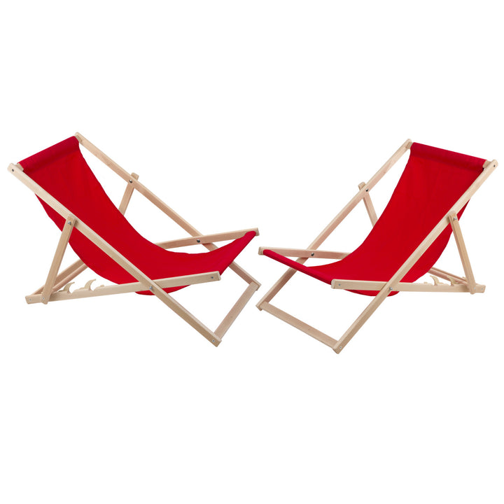 Woodok 2 Comfortable Wooden Deck Chairs, Loungers Ideal for the Beach, Balcony, Terrace, Red Colour