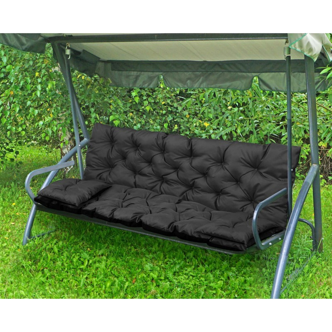 KingGarden Quilted Garden Bench Cushion Waterproof with 2x Side Cushions 42x42 cm 1+2 3-Piece Set Waterproof PVC Codura Black