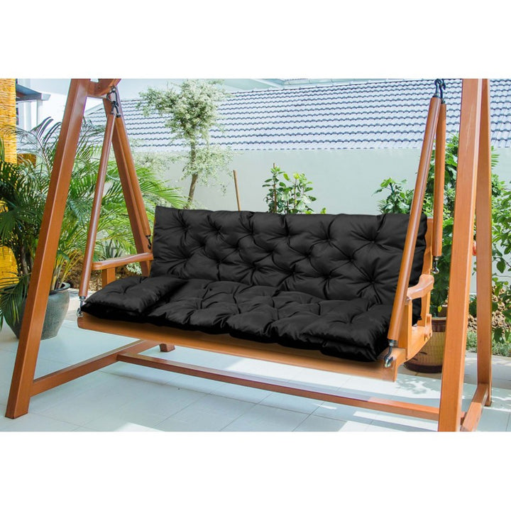 KingGarden Quilted Garden Bench Cushion Waterproof with 2x Side Cushions 42x42 cm 1+2 3-Piece Set Waterproof PVC Codura Black