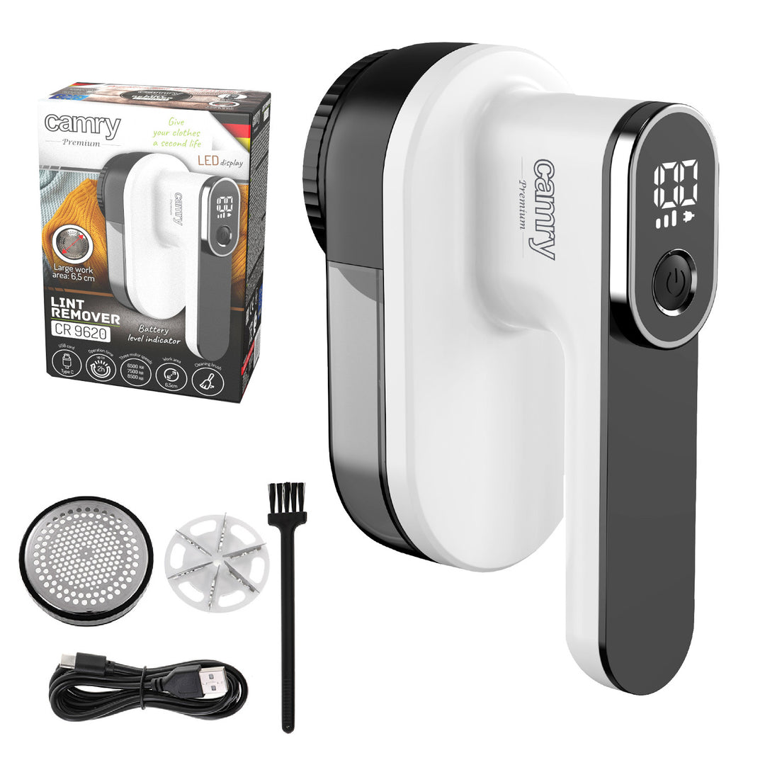 Bearrthóir fabraice Camry, taispeáint LCD, ceallraí in-athluchtaithe Li-Ion, bán agus dubh, CR 9620