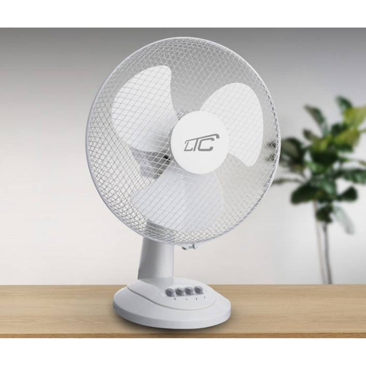 LTC desk fan LXWT20 in white, featuring oscillation and angle adjustment for optimal airflow. With a power of 38W, it ensures efficient cooling.
