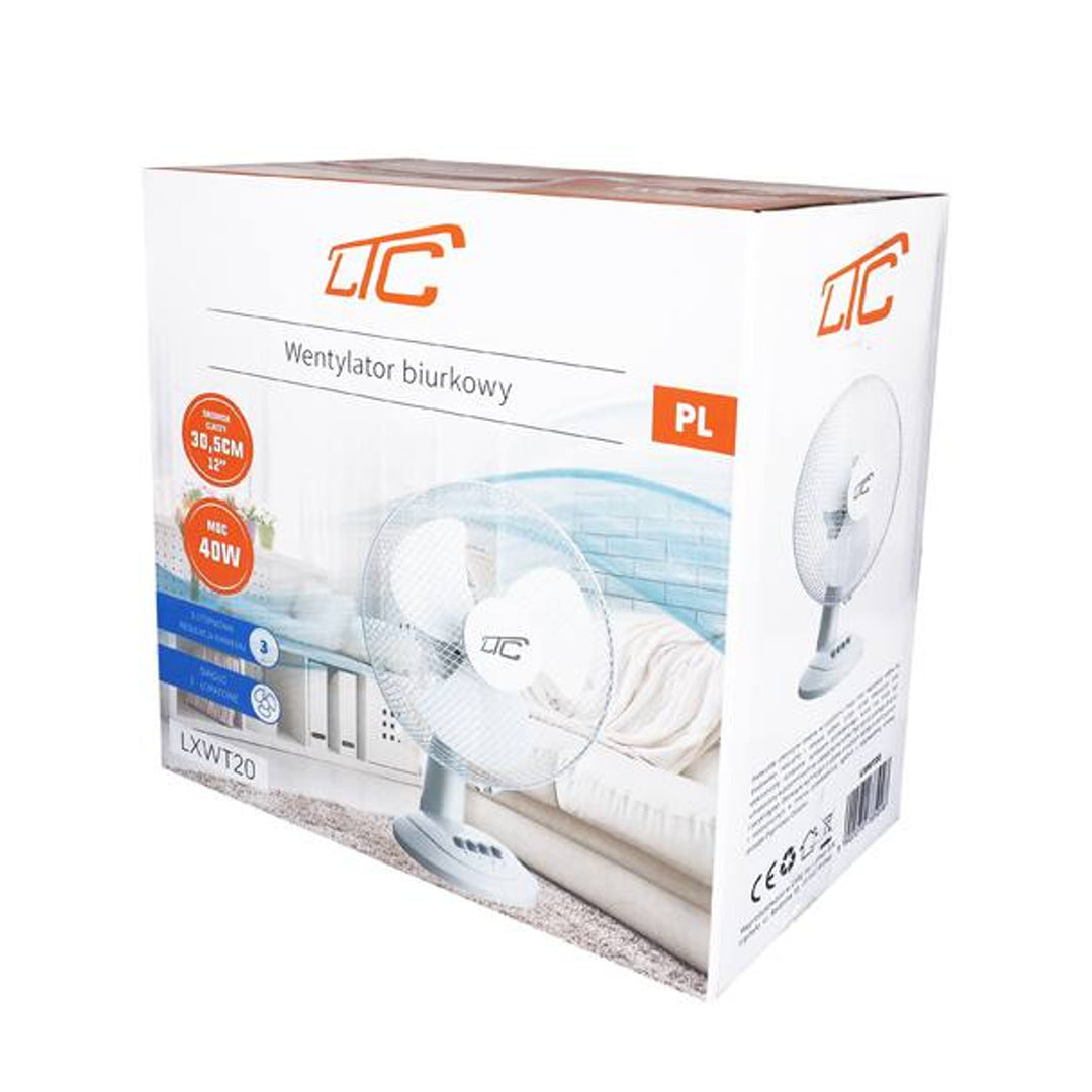 LTC desk fan LXWT20 in white, featuring oscillation and angle adjustment for optimal airflow. With a power of 38W, it ensures efficient cooling.