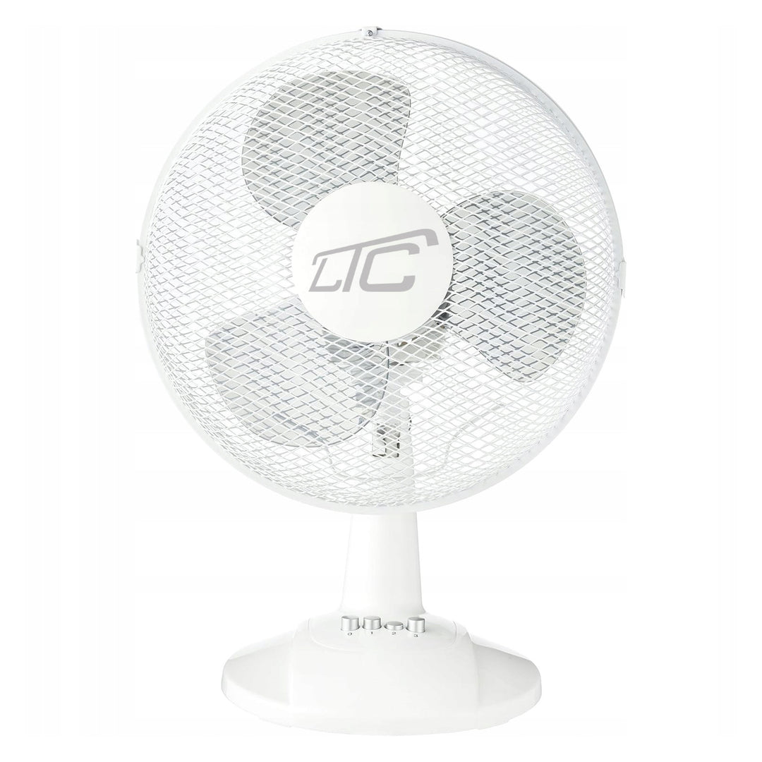 LTC desk fan LXWT20 in white, featuring oscillation and angle adjustment for optimal airflow. With a power of 38W, it ensures efficient cooling.