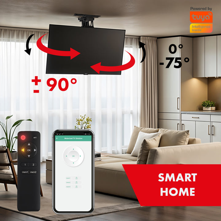 Maclean electric ceiling TV mount, TUYA support, max VESA 600x400, 90st swivel remote control, 23"-65", 30kg, MC-491