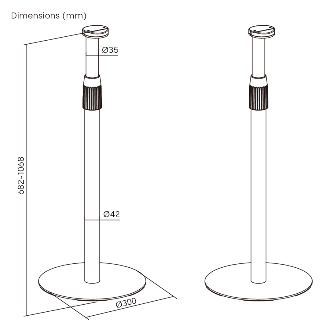 Maclean MC-496 Floor stand for Sonos Era 100 and 300 | Adjustable 682-1068 mm | Cable management and stable base | Set of 2 black tripods | Stylish and safe design